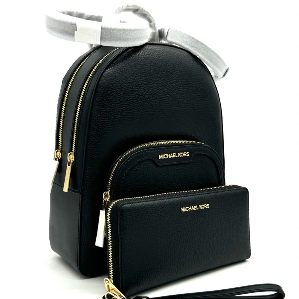 Michael Kors Medium Jaycee Backpack & Large Continental Wallet Black/Gold - Picture 3 of 14